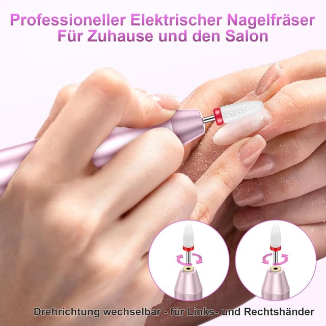 Detalle 2 de POFIBO kabellose elektrische Nagelfeile (Nagelfräser) – 35.000 U/min, 5 Geschwindigkeiten, 12-in-1 Set in Rosa