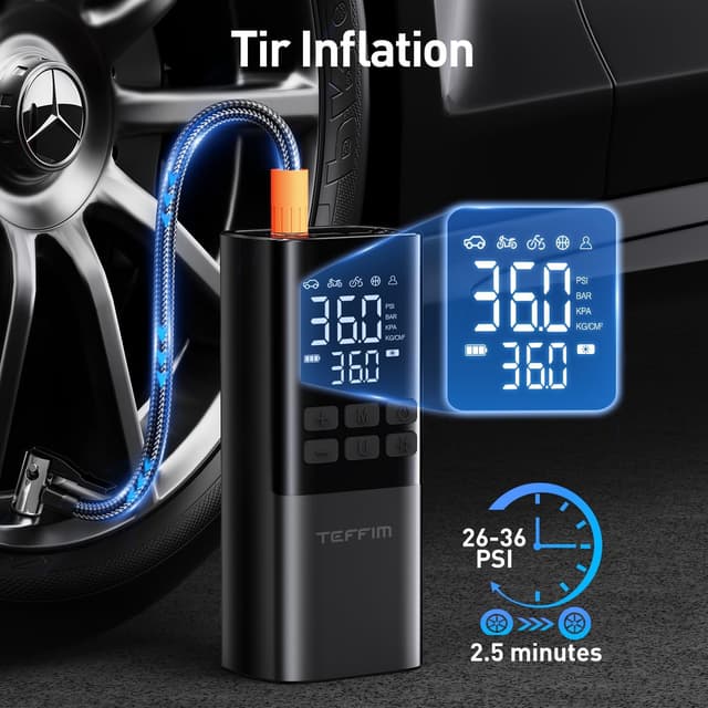 Detalle de Teffim Portable Tire Inflator Air Compressor with Pressure Gauge, LED Light, and 5 Modes
