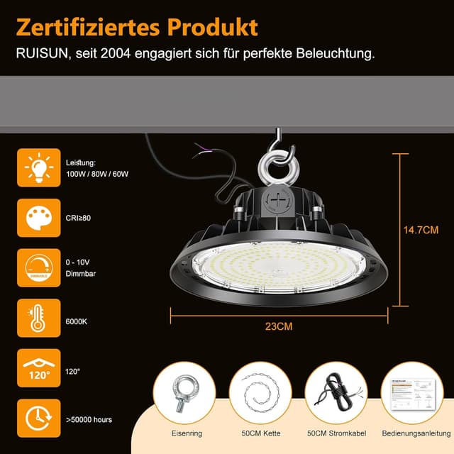 Thumbnail 6 de RUISUN UFO Hallenstrahler-Set (4 Stück) 100 W, dimmbar, IP65 – 6000 K High-Bay für Werkstatt & Lager