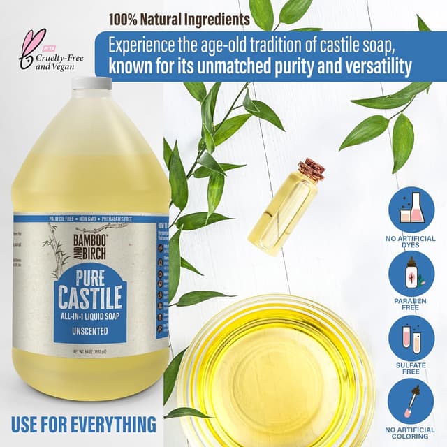 Detalle de Bamboo and Birch Pure Castile Soap Liquid (Unscented, 64 oz) — natural palm oil-free liquid soap
