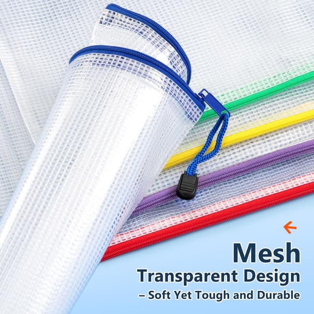 Detalle 2 de SUNEE A5 Plastic Wallets (12 Pack) with Mesh Zip Closure – Waterproof Document File Bags in 6 Colours