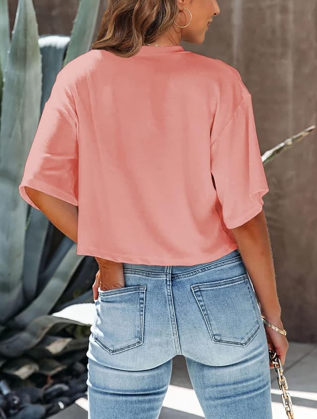 Detalle de Tankaneo Women Half Sleeve Cropped T-Shirts (Drop Shoulder, Round Neck) — Casual Summer Basic Tees