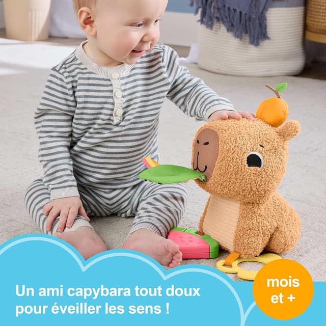 Detalle 2 de Fisher-Price Mon Capybara Câlins (HYR54) : peluche sensorielle avec anneau de dentition et hochet