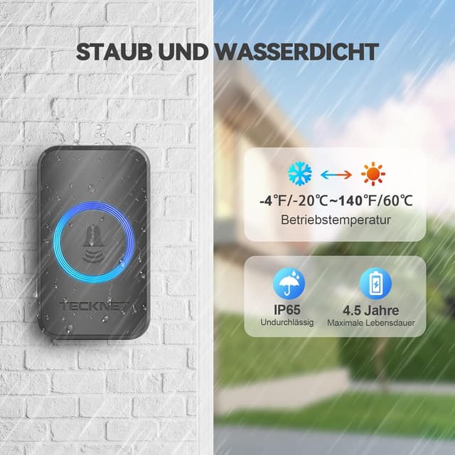 Detalle de TECKNET Funkklingel Set mit 600 m Reichweite, IP65 und Plug-In-Empfänger (1 Sender, 1 Empfänger, Klingelknopf)