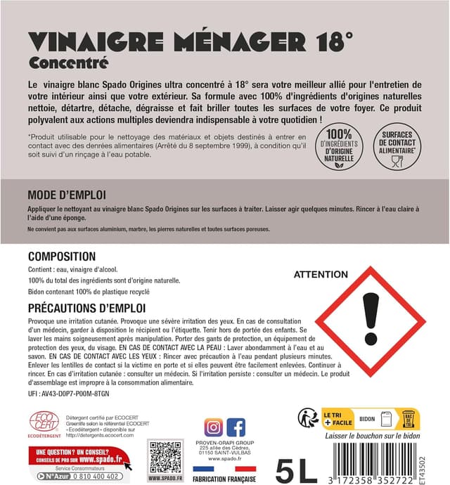 Detalle 1 de SPADO Origines – Vinaigre blanc 18° ultra concentré, 5 L (sans parfum, contact alimentaire, Écocert)