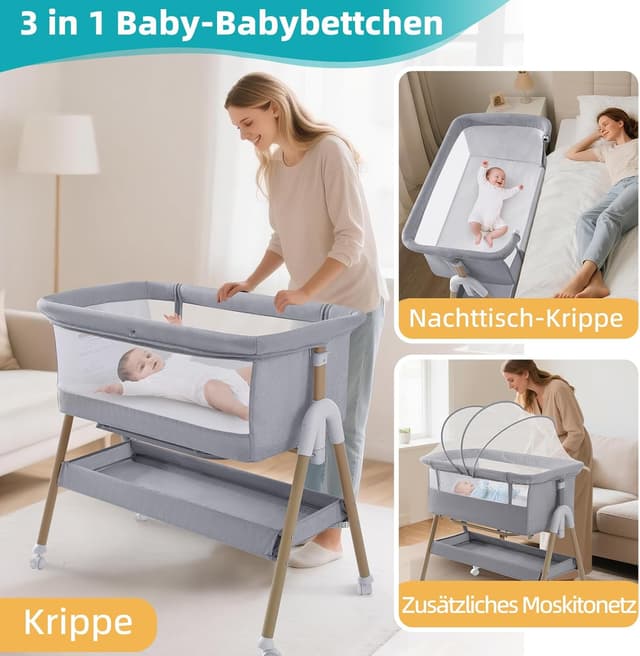 Thumbnail 2 de cozydwells 3‑in‑1 Beistellbettchen (Tragbares Reisebett) grau – höhen- und neigungsverstellbar mit 4 abschließbaren Rollen