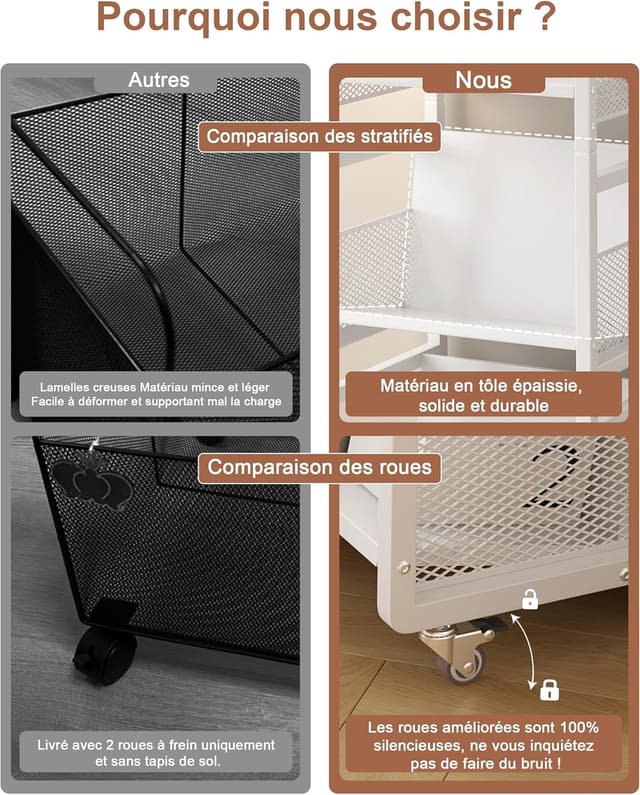 Detalle de Chariot Livre Bibliothèque à roulettes avec 3 étagères mobiles (capacité 70 kg) et serre-livres magnétiques
