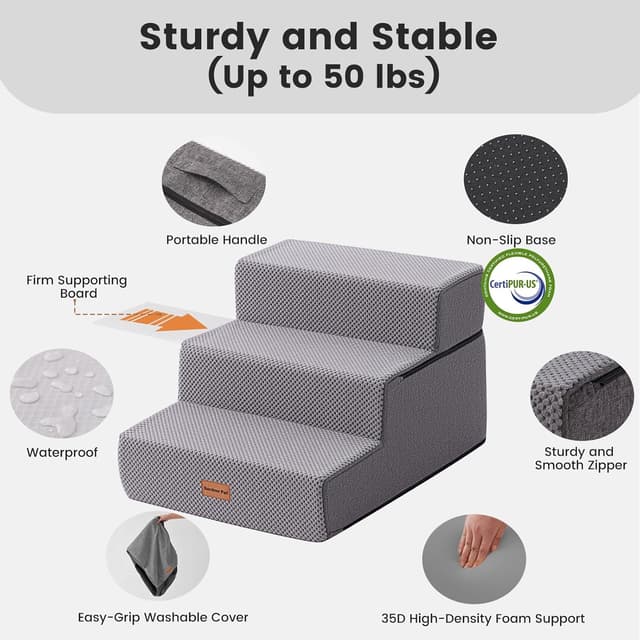 Detalle de Gardner Pet Dog Steps for Sofa (35cm H) – 3-Step Extra Wide Waterproof Ramp for Small & Medium Dogs, Grey