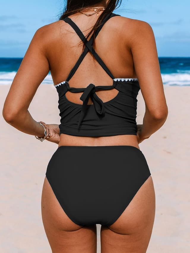 Detalle de CUPSHE Tankini da donna con scollo a V, bordo all’uncinetto e slip a vita media
