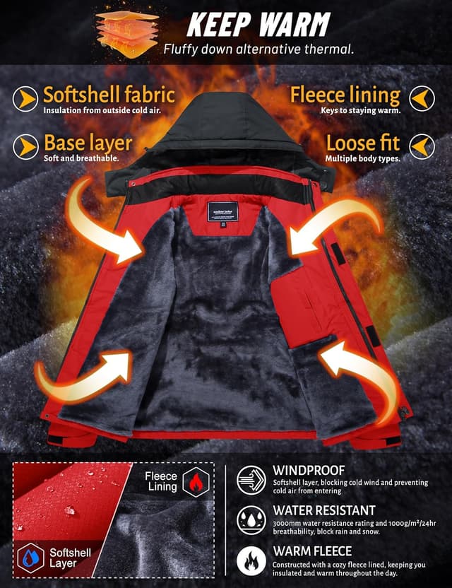 Detalle de TACVASEN Men’s Winter Skiing Jacket with Detachable Hood and Fleece Lining