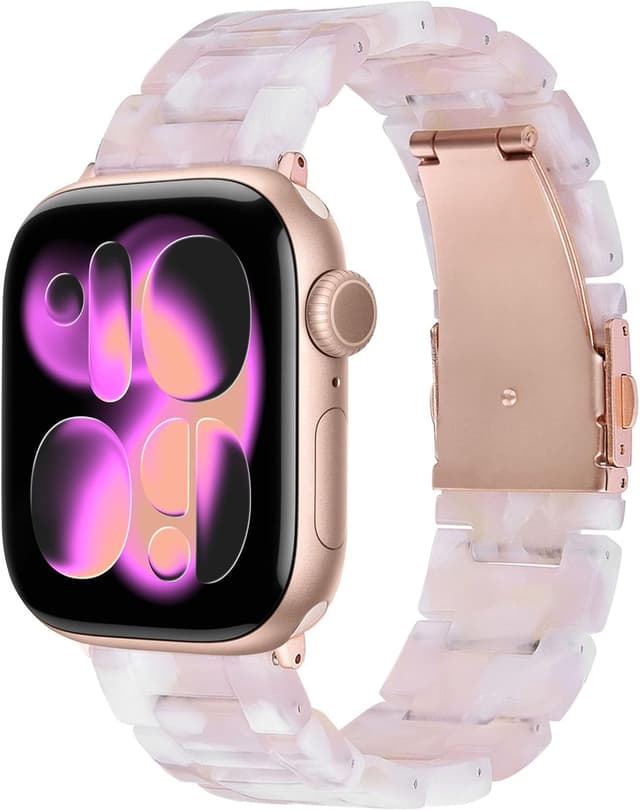 Detalle de V.R.HOPE Modern Lightweight Resin Watch Band compatible with Apple Watch All sizes Pink floral-Rose Gold