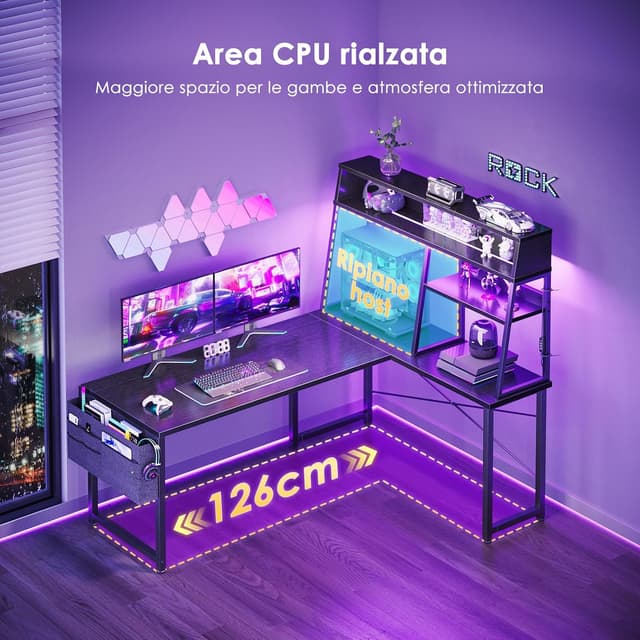 Thumbnail 6 de Coleshome scrivania gaming angolare reversibile con LED RGB e scaffale 130x100 cm, colore nero