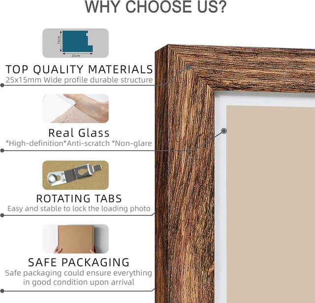 Detalle de Hongkee 11x14 Picture Frame Set of 2 (Real Glass, Rustic Brown) for Wall Display