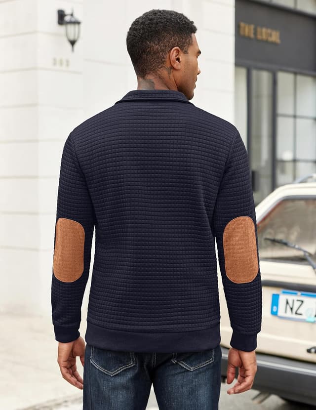 Detalle de COOFANDY Winter Sweatshirt für Herren mit Waffel-Struktur, Kragen mit Knöpfen und langem Arm