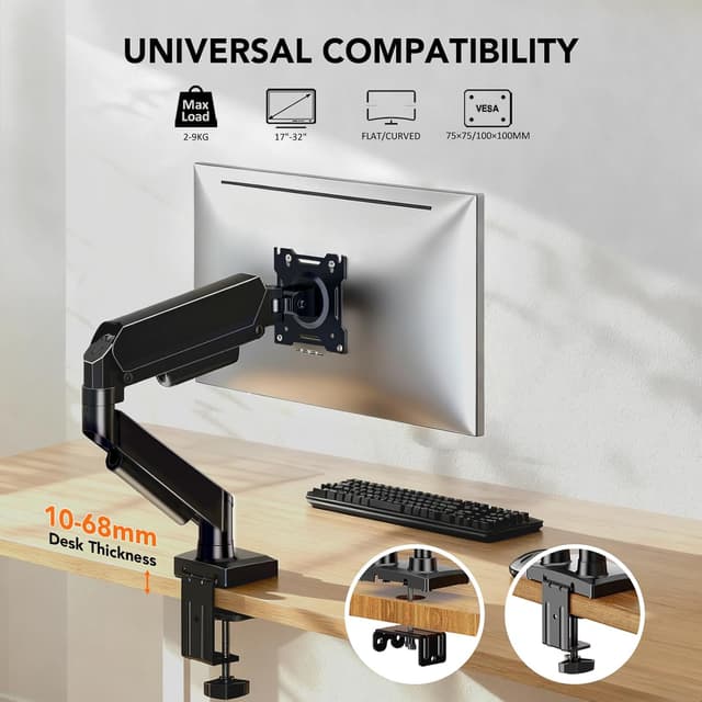 Detalle 2 de Hemudu single monitor arm (gas spring) for 17–32 inch screens, VESA 75/100mm, up to 9kg