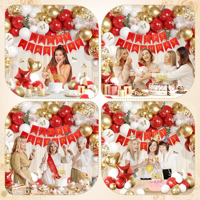 Detalle 2 de WEQTWL Red and Gold Birthday Party Decorations with Happy Birthday Banner, Balloons and Cake Topper