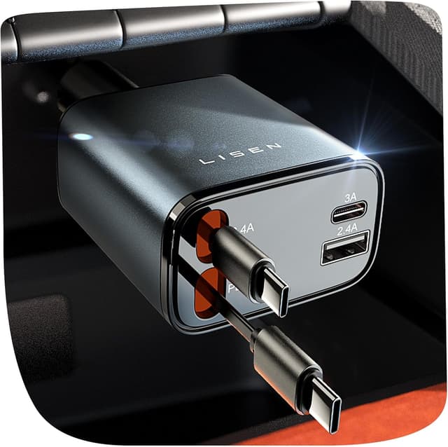 Detalle de LISEN Retractable Car Charger for iPhone 17 Pro Max 69W USB-C