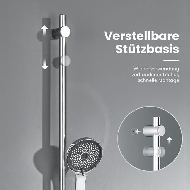 Detalle de Duschstange Komplettset (70 cm) mit 5-fach Handbrause, Edelstahl-Schlauch & Ablage – ohne Duscharmatur, ohne Bohren