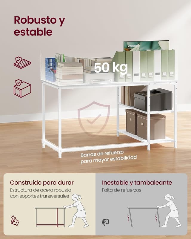 Detalle 2 de VASAGLE Scrivania Angolare a L LWD136WF01 bianco acciaio, 120 x 80 cm con scaffale reversibile e ripiano regolabile