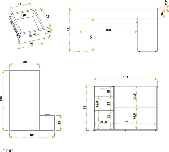 Thumbnail 6 de RICOO Eckschreibtisch mit Stauraum in Betonoptik (WM083-BG) – L-Form mit Schubladen, 136×101×75 cm