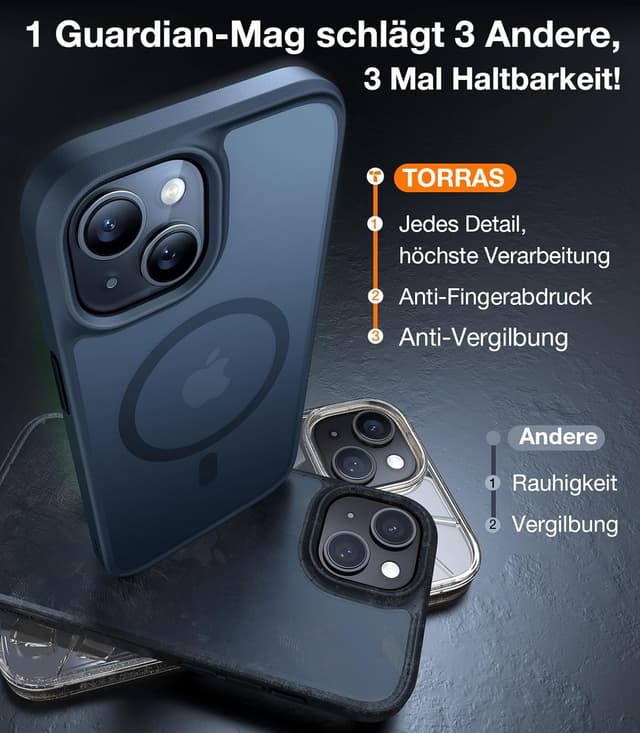Detalle de TORRAS Guardian-Mag Hülle für iPhone 14 mit MagSafe – stoß- und kratzfest, matt schwarz