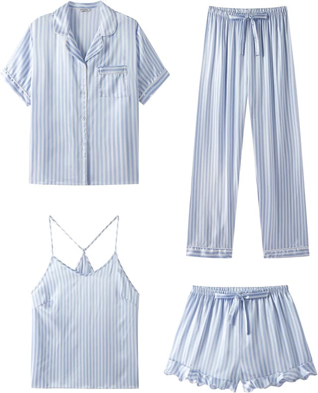Detalle de SAPJON Women’s 4-Piece Satin Pajama Set with Ruffled Shorts (Button-Down Cami & Notch Collar Top)