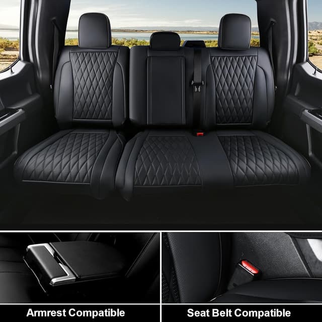 Detalle 2 de Coverado Leather Seat Covers Full Set for Ford F-150 F-250 F-350 F-450 (Black) — Crew Cab Only, Waterproof, Heated/Cooled Compatible