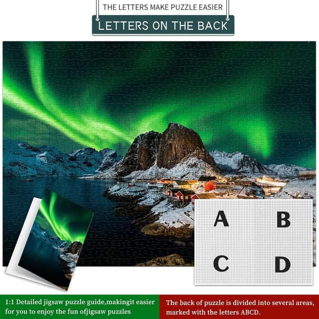 Detalle de Puzzle 1000 Teile – Klassisches Norwegen „Aurora Borealis“ (70 x 50 cm) mit Poster