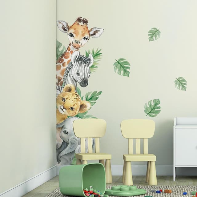 Detalle 2 de Tanlaby Jungle Animal Wall Stickers – Cartoon Giraffe, Zebra & Elephant Peel-and-Stick Wall Decals for Kids