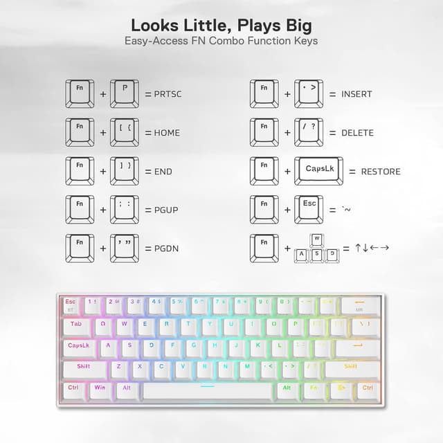 Detalle de Redragon K530 Pro Draconic : clavier mécanique 60% tri-connexion Bluetooth/2,4 GHz filaire, US ANSI QWERTY