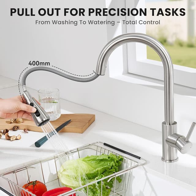 Detalle 2 de DERW Kitchen Tap Pull Out Mixer Tap with 3 Spray Modes and 360° Swivel Spout