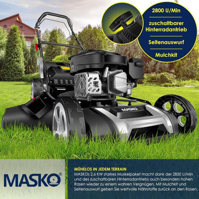 Detalle de MASKO® Benzin-Rasenmäher 5in1 mit 51 cm Schnittbreite, 65 l Fangkorb und Mulch-Kit