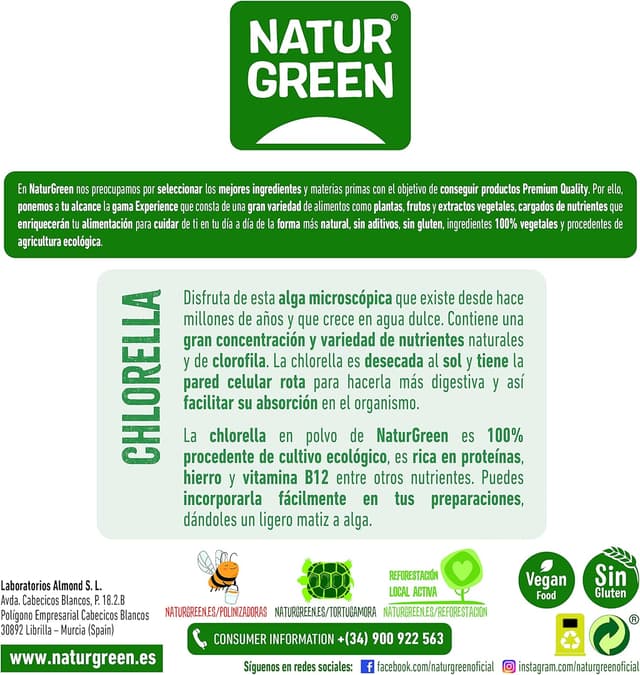 Detalle 2 de NaturGreen Chlorella en Polvo 🌿 Elimina Toxinas, Ecológico, Vegano 165 g