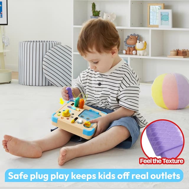 Detalle 2 de lalalark Montessori Busy Board Wooden Activity Board with 15 LED Lights and 9 Sound Effects