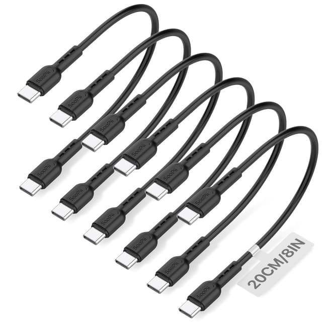 Detalle de SOOPII 6-Pack USB-C to USB-C Short Cables (8 inch/0.7 ft), 60W fast charging – Black