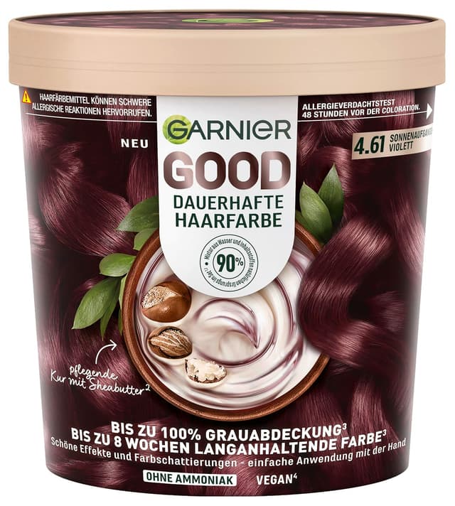 Detalle de Garnier GOOD Dauerhafte Haarfarbe 4.61 Sonnenaufgangs-Violett – ammoniakfreie Coloration mit bis zu 100% Grauabdeckung