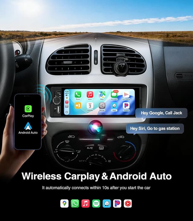 Detalle de AINAVI 6.36-Inch Single-DIN Touchscreen Car Stereo with Wireless CarPlay & Android Auto