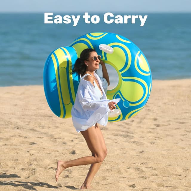 Detalle de Sloosh Inflatable Pool Chair Lounger (42" x 24") – Blue/Green pool lilo with backrest and cup holder