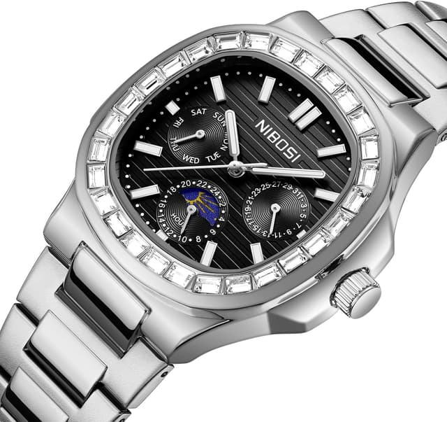 Detalle de NIBOSI Orologio da polso da uomo analogico al quarzo multifunzione con cronografo, fasi lunari e impermeabilità 3 ATM