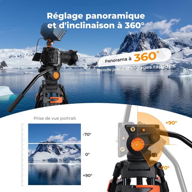 Detalle de K&F CONCEPT Trépied Vidéo 202 cm avec tête fluide et charge max 8 kg