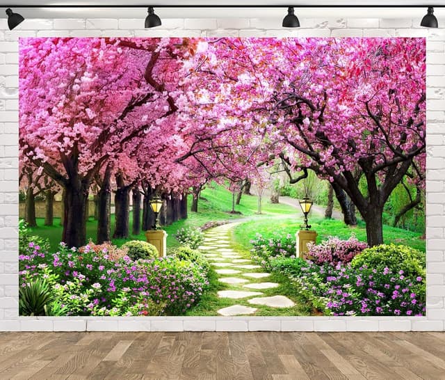 Thumbnail 1 de CORFOTO 7x5ft Spring Garden Backdrop with Cherry Blossom Tree Design for Photo Booths & Events