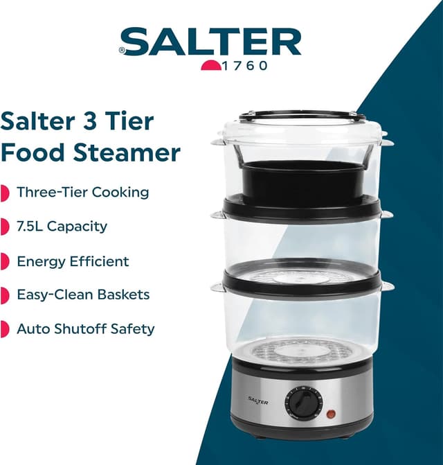 Detalle 2 de Salter 3 Tier Electric Food Steamer (7.5L) with Stackable Baskets & 60 Minute Timer