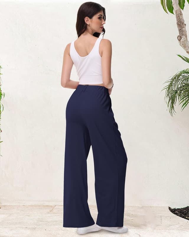 Detalle 2 de HMIYA Weite Damen-Bügelfreie Palazzo-Hose mit hoher Taille, leichtem Stoff & Taschen