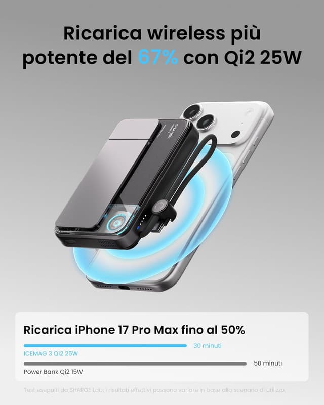 Detalle 2 de Sharge ICEMAG 3 Power Bank magnetico 10.000 mAh con Qi2.2 e ricarica wireless 25W (25W) e USB-C 35W
