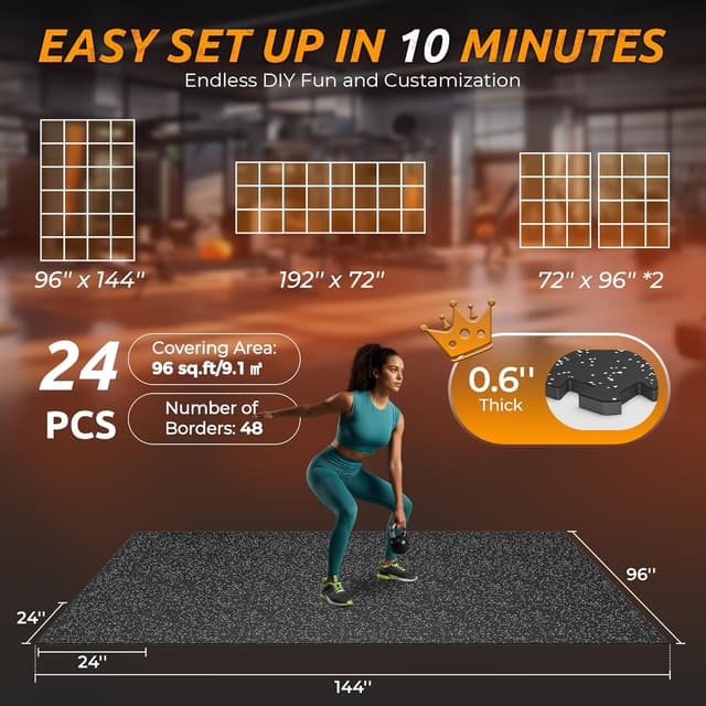 Thumbnail 4 de PRAISUN 0.6" Thicker Rubber Top Gym Flooring โ 96 Sq Ft ๐