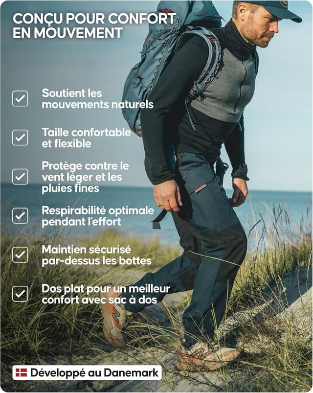Detalle de Pantalon de marche déperlant Danish Endurance pour homme – softshell extensible pour randonnée et usage quotidien
