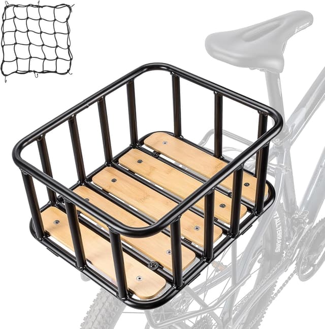 Detalle de CXWXC Panier arrière de vélo grand modèle avec fond en bois, housse imperméable et filet cargo