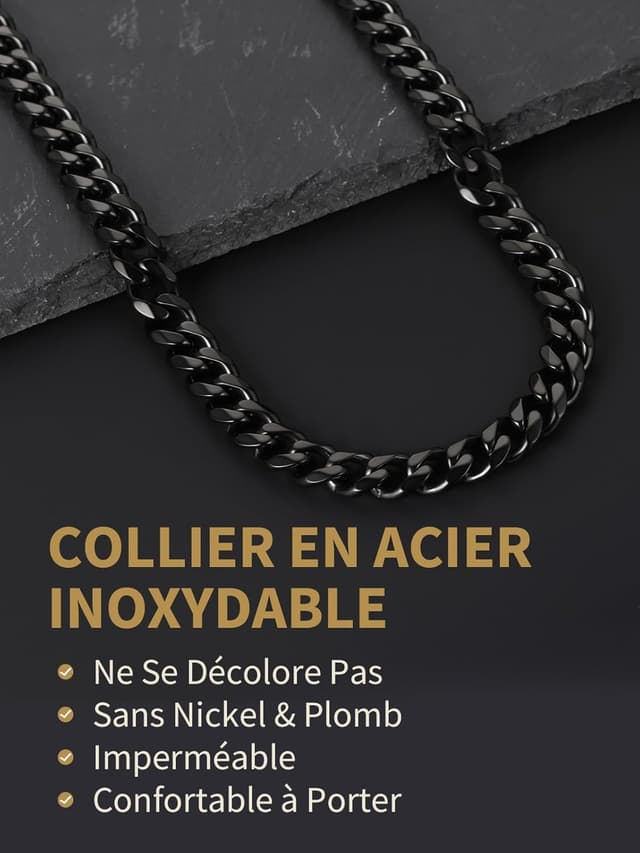 Detalle de Collier chaîne homme FindChic en acier inoxydable 316L maille gourmette cubaine (largeur 6/9 mm, longueur 46 à 76 cm)