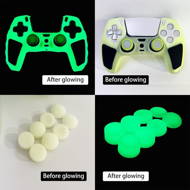 Detalle de HLRAO Glow in the Dark PS5 controller skin with thumb grips (green) – anti-slip silicone cover kit