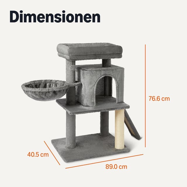 Detalle de Amazon Basics mehrstöckiger Kletterturm für Katzen und Kätzchen (76,2 cm) mit Kratzstämmen, Katzenhaus und Hängematte – grau